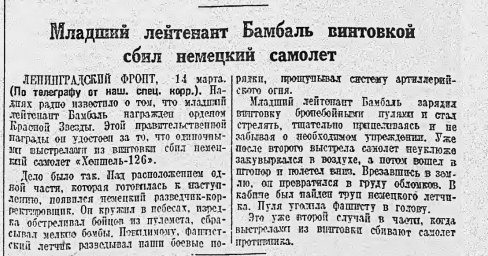 Младший лейтенант Бамбаль винтовкой сбил немецкий самолет